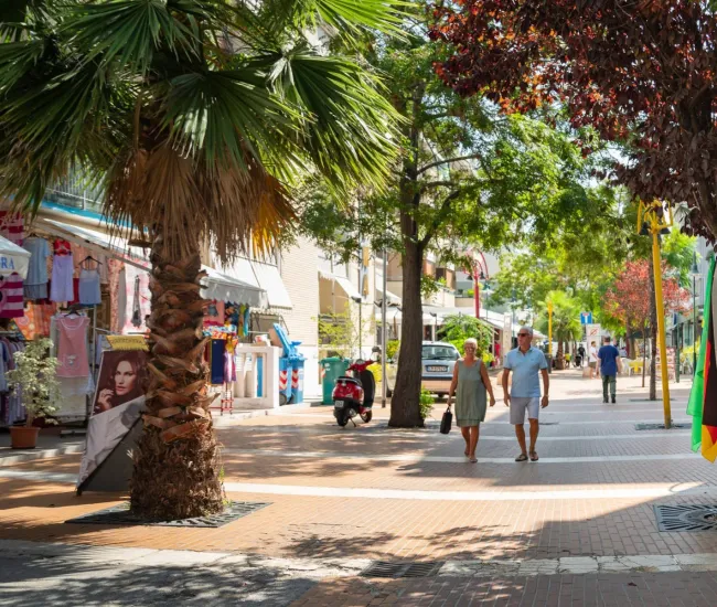 Strada pedonale con negozi, alberi e persone che passeggiano in una giornata soleggiata.